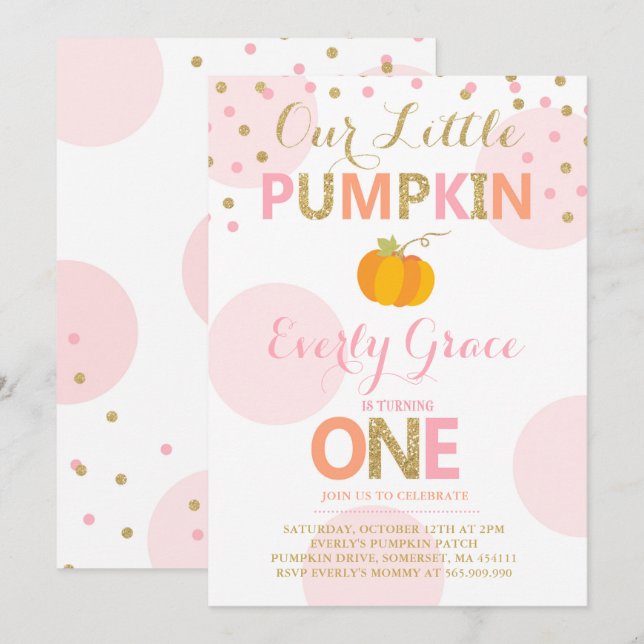 Pumpkin Birthday Invitation Pink Gold Pumpkin (Front/Back)