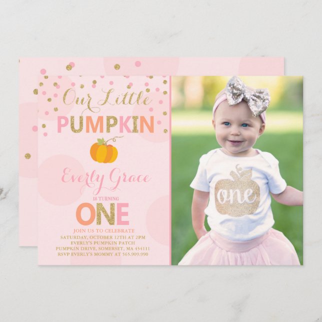 Pumpkin Birthday Invitation Pink Gold Pumpkin (Front/Back)