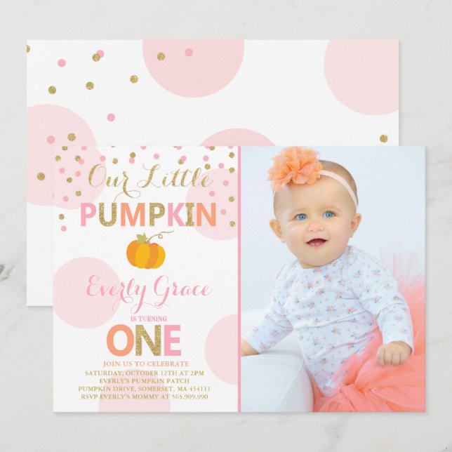 Pumpkin Birthday Invitation Pink Gold Pumpkin (Front/Back)