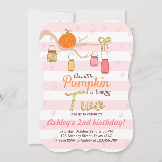 Pumpkin Birthday invitation Pink Gold Second Bday (Front)