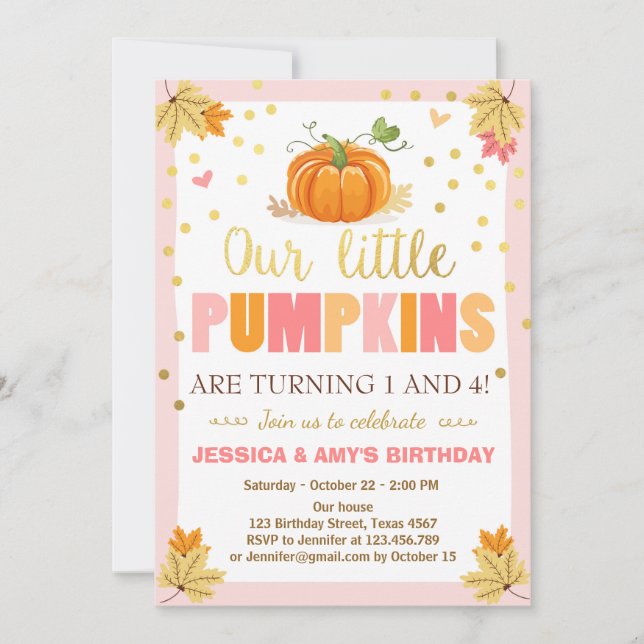 Pumpkin Birthday invitation Pink Twin Joint Dual (Front)