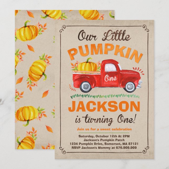Pumpkin Birthday Invitation Pumpkin Truck Party (Front/Back)