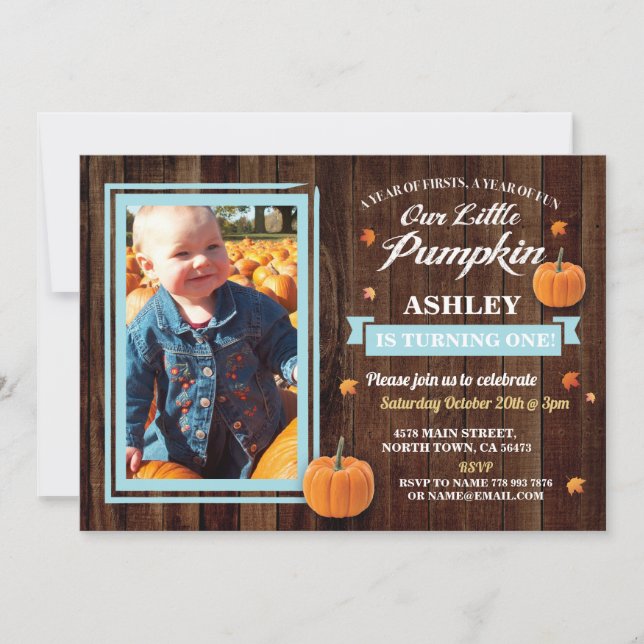 Pumpkin Birthday ONE Photo Blue Fall 1st Invite (Front)