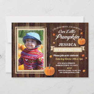 Pumpkin Birthday ONE Photo Girl Fall 1st Invite