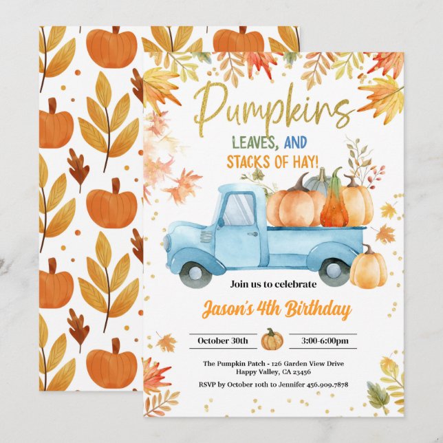 Pumpkin Birthday Party Boy Blue Truck Fall Autumn Invitation (Front/Back)