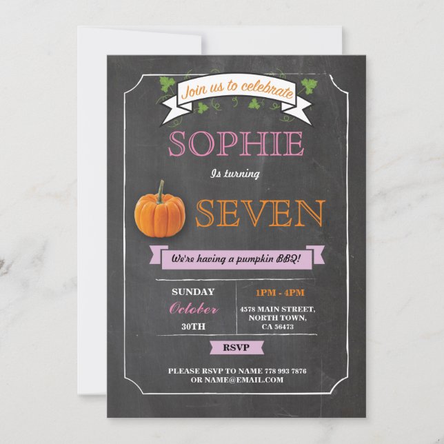 Pumpkin Birthday Party Chalk Pink Any Age Invites (Front)
