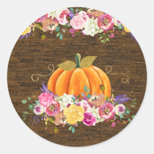 Pumpkin, Birthday Party, Favour Tag, Fall, Floral Classic Round Sticker