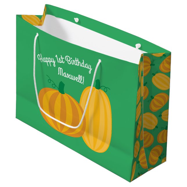 Pumpkin Birthday Party Kids Large Gift Bag (Front Angled)