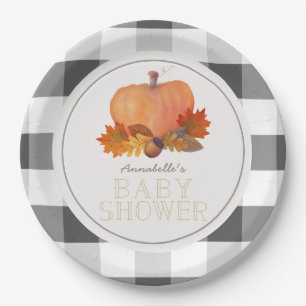 Pumpkin Black Buffalo Checks Baby Shower Paper Plate