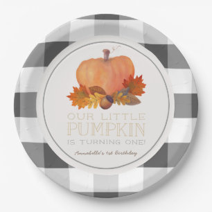 Pumpkin Black Buffalo Checks Birthday Paper Plate