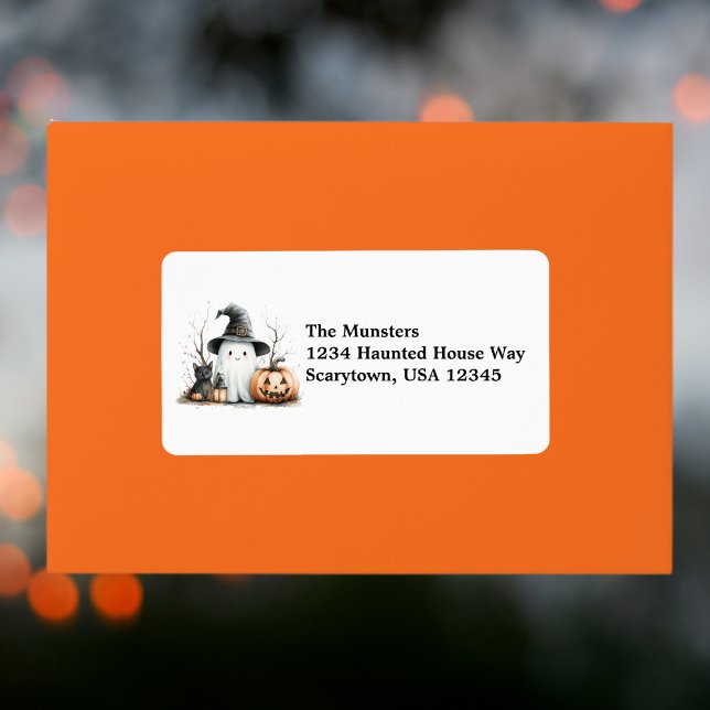 Pumpkin Black Cat Ghost Watercolor Happy Halloween Label (Creator Uploaded)