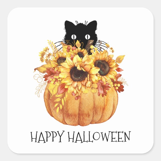 Pumpkin Black Cat Halloween Paper Plate Napkins Square Sticker (Front)