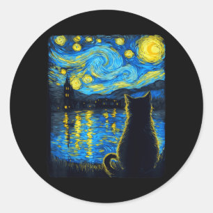 Pumpkin Black Cat Halloween Van Gogh Starry Night Classic Round Sticker