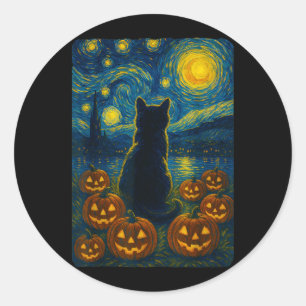 Pumpkin Black Cat Halloween Van Gogh Starry Night Classic Round Sticker