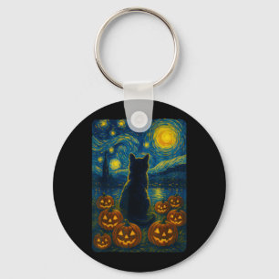 Pumpkin Black Cat Halloween Van Gogh Starry Night Key Ring