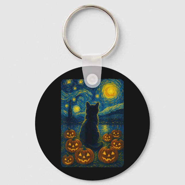 Pumpkin Black Cat Halloween Van Gogh Starry Night Key Ring (Front)