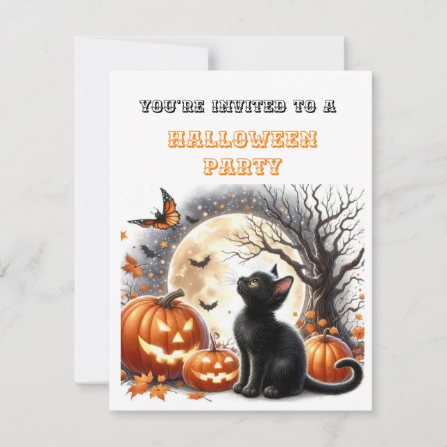  Pumpkin Black Cat Kids Halloween Party Invitation (Front)