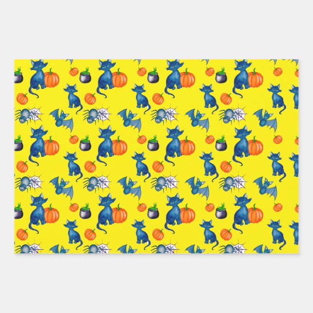Pumpkin Black Cat witch brew Design Halloween Wrapping Paper Sheet (Front)