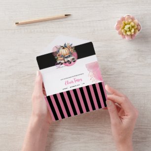Pumpkin Black Pink Floral Truck Baby Shower Game All In One Invitation