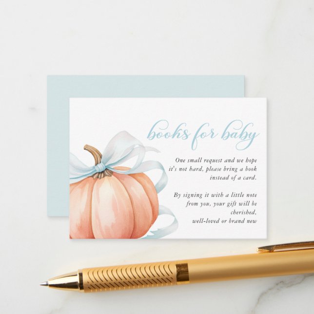 Pumpkin Blue Bow Baby Shower Books for Baby Enclosure Card (Front/Back In Situ)