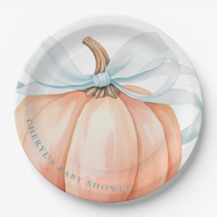 Pumpkin Blue Bow Baby Shower Paper Plate