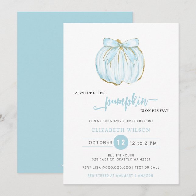 Pumpkin Blue Bow Boy Baby Shower Invitation (Front/Back)