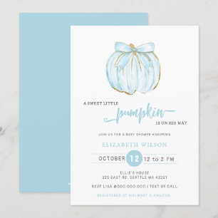 Pumpkin Blue Bow Boy Baby Shower Invitation