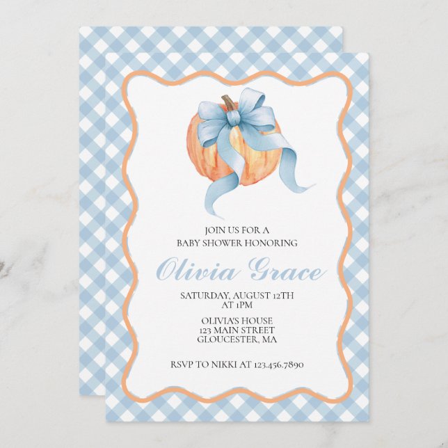 Pumpkin Blue bow Plaid baby shower Invitation (Front/Back)