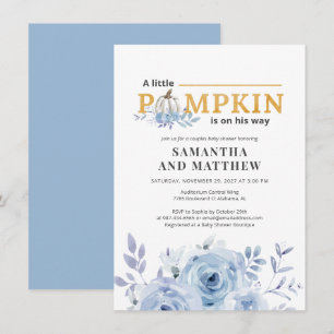 Pumpkin Blue Fall Botanical Boys Baby Shower Invitation