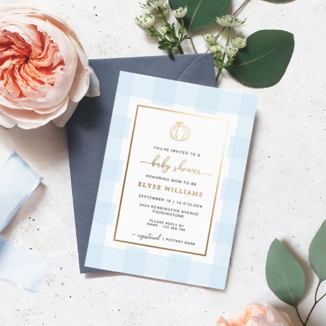 Pumpkin Blue Gingham Baby Shower Foil Invitation (Creator Uploaded)