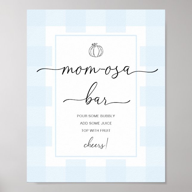 Pumpkin Blue Gingham Baby Shower Mom-osa Bar Sign (Front)