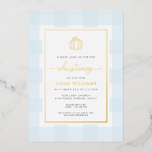 Pumpkin Blue Gingham Christening Foil Invitation (Front)
