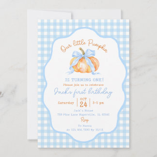 Pumpkin Blue Gingham First Birthday Invitation