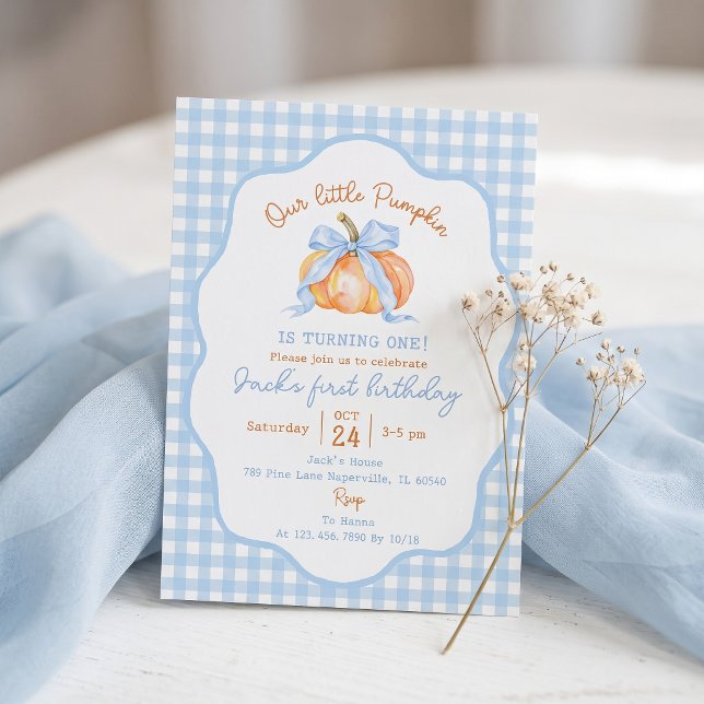 Pumpkin Blue Gingham First Birthday Invitation (Creator Uploaded)