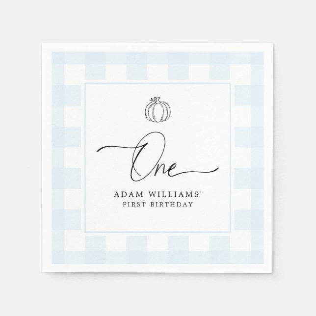 Pumpkin Blue Gingham First Birthday Paper Napkin (Front)