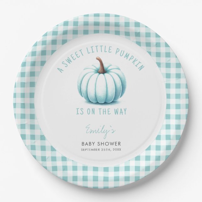 Pumpkin Blue Gingham Plaid Boy Baby Shower  Paper Plate (Front)