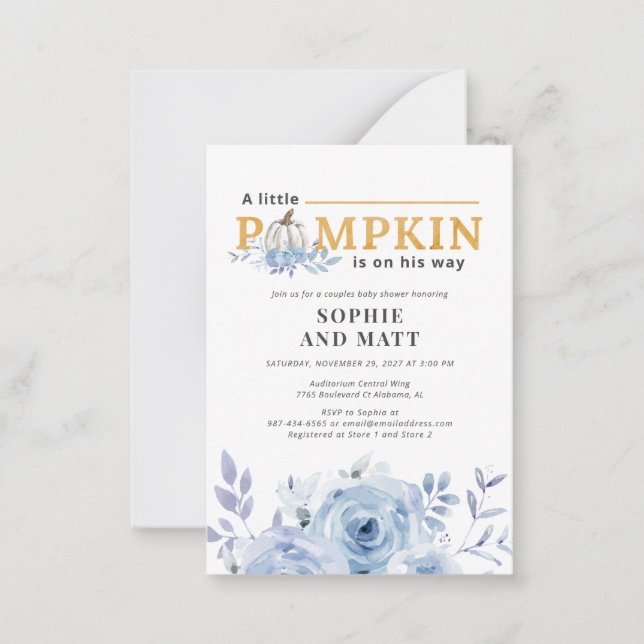Pumpkin Blue Lilac Botanical Boys Baby Shower Card (Front)