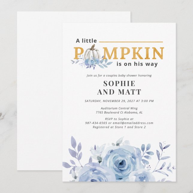 Pumpkin Blue Lilac Botanical Boys Baby Shower Invitation (Front/Back)