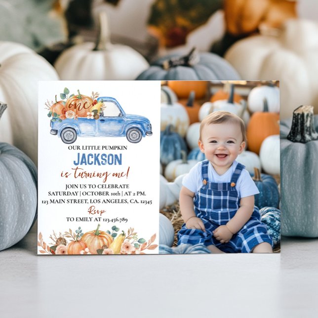 Pumpkin Blue Truck 1st Birthday Photo Invitation (Creator Uploaded)