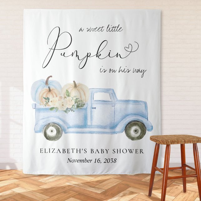 Pumpkin Blue Truck Baby Boy Shower Photo Backdrop Tapestry (Creator Uploaded)