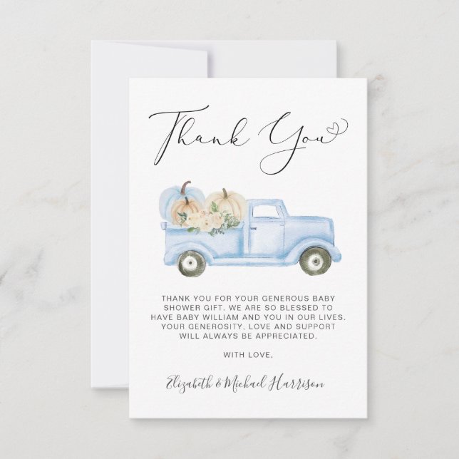 Pumpkin Blue Truck Baby Boy Shower Thank You Card (Front)