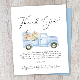 Pumpkin Blue Truck Baby Boy Shower Thank You Card