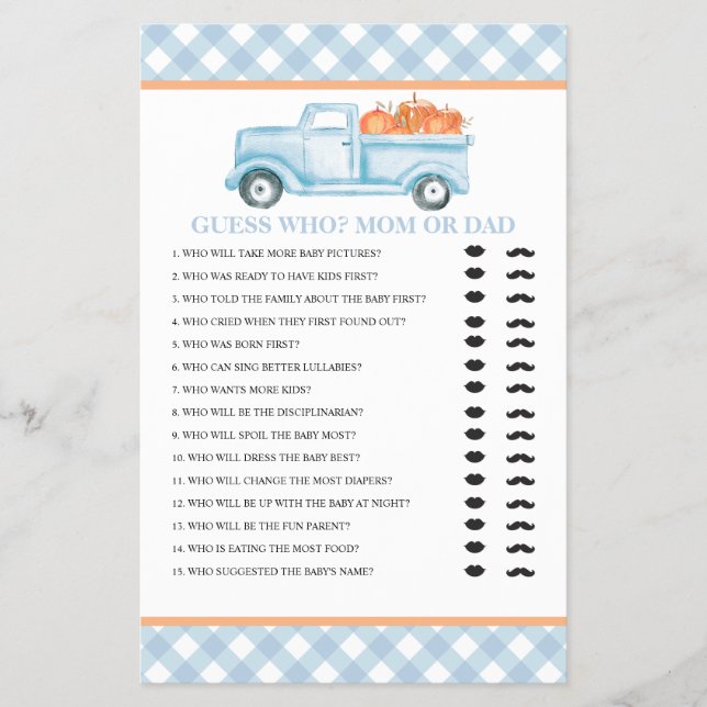 Pumpkin blue truck Baby Guess Who Baby Shower Game Flyer (Front)