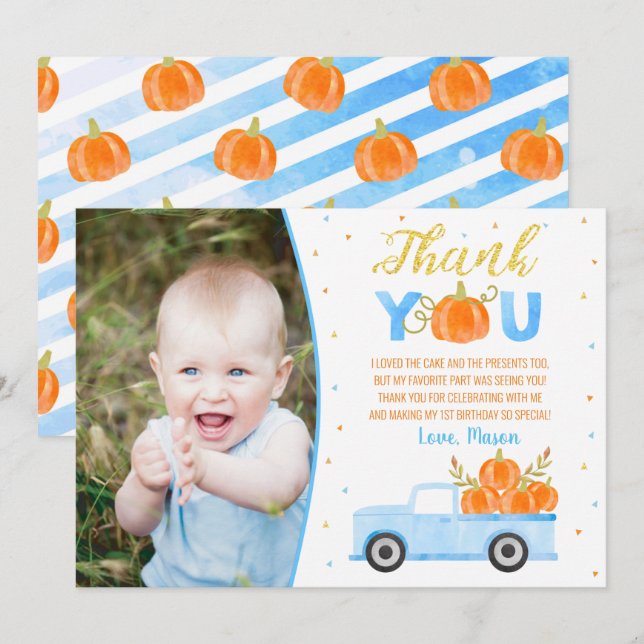 Pumpkin Blue Truck Birthday Thank You Cards Boy  (Front/Back)