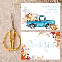 Pumpkin Blue Truck Fall Baby Shower Thank You Card