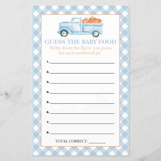 Pumpkin Blue Truck Guess Baby Food Shower Games Flyer (Front)