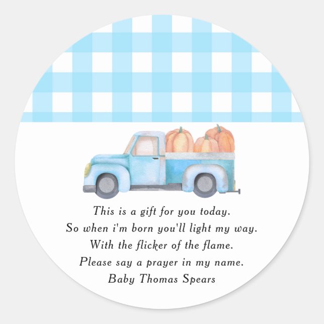 Pumpkin blue truck - Prayer Candle Label (Front)
