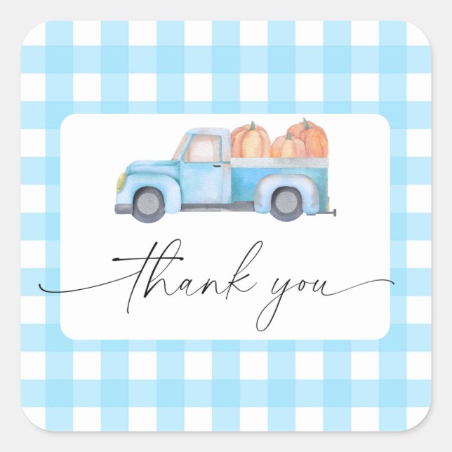 Pumpkin blue truck thank you square sticker (Front)