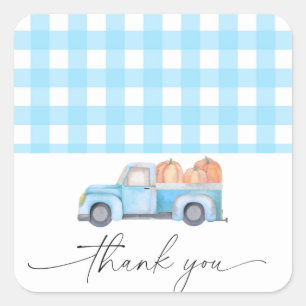 Pumpkin blue truck thank you square sticker