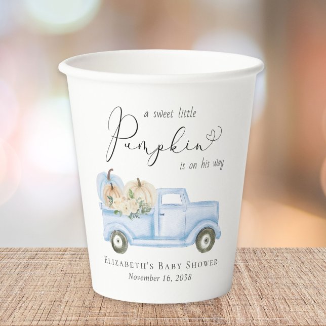Pumpkin Blue Truck Watercolor Baby Boy Shower Paper Cups (Creator Uploaded)